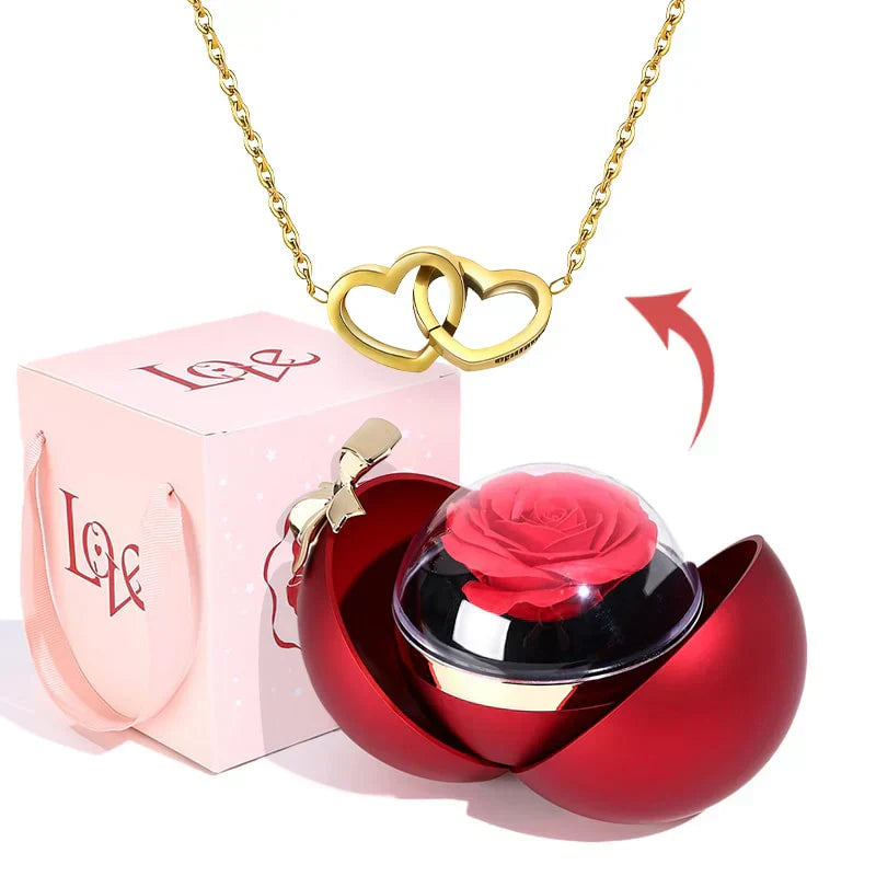 Coffret Rose Éternelle – Collier Double Cœur Gravé